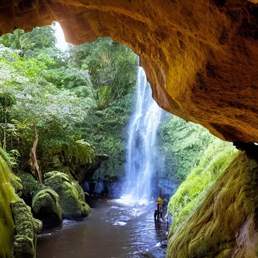 Image similar to ancient temple,plants and waterfalls in the interior of a cave