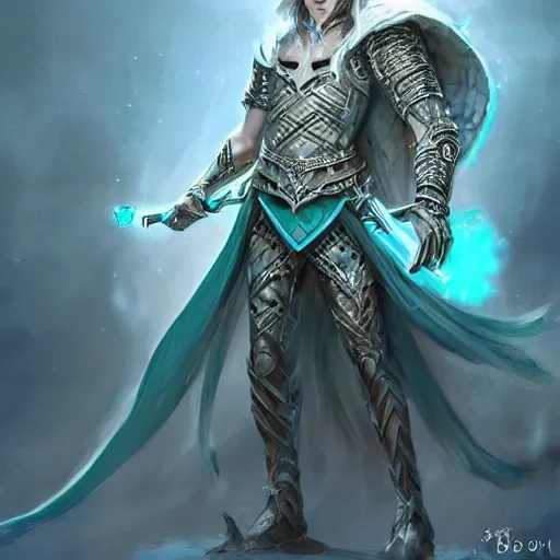 Prompt: handsome male snow elf in a turquoise cape and silver ornate armour, albino skin, ultra detailed fantasy, elden ring, realistic, dnd character portrait, full body, dnd, rpg, lotr game design fanart by concept art, behance hd, artstation, deviantart, global illumination radiating a glowing aura