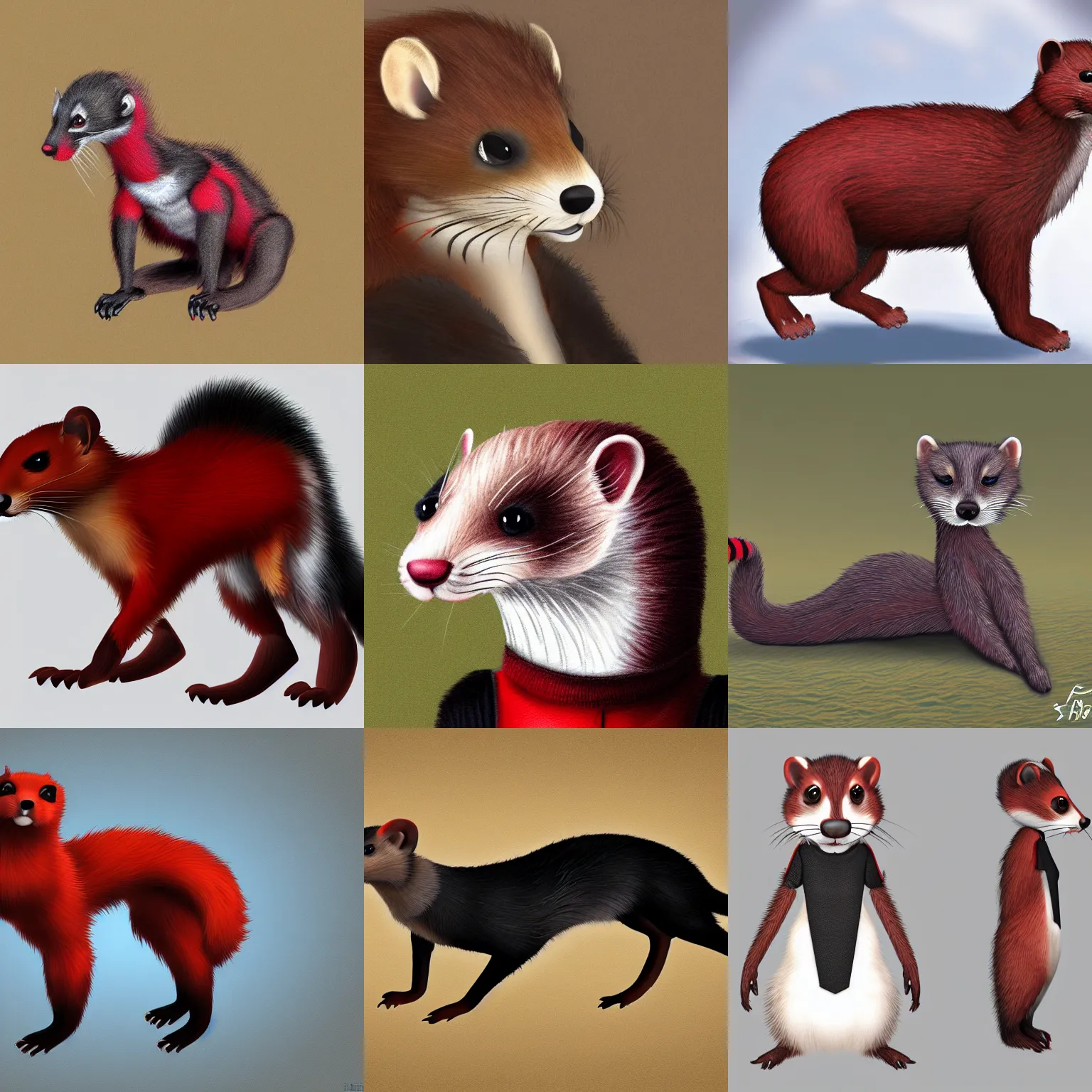 Prompt: photorealistic male weasel furred redblack body fursona