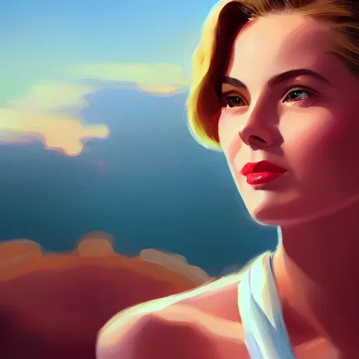 Prompt: a closeup portrait of a grace kelly, dramatic light, lake background, sunset, high contrast, sharp, painted by stanley lau, painted by greg rutkowski, painted by stanley artgerm, digital art, trending on artstation