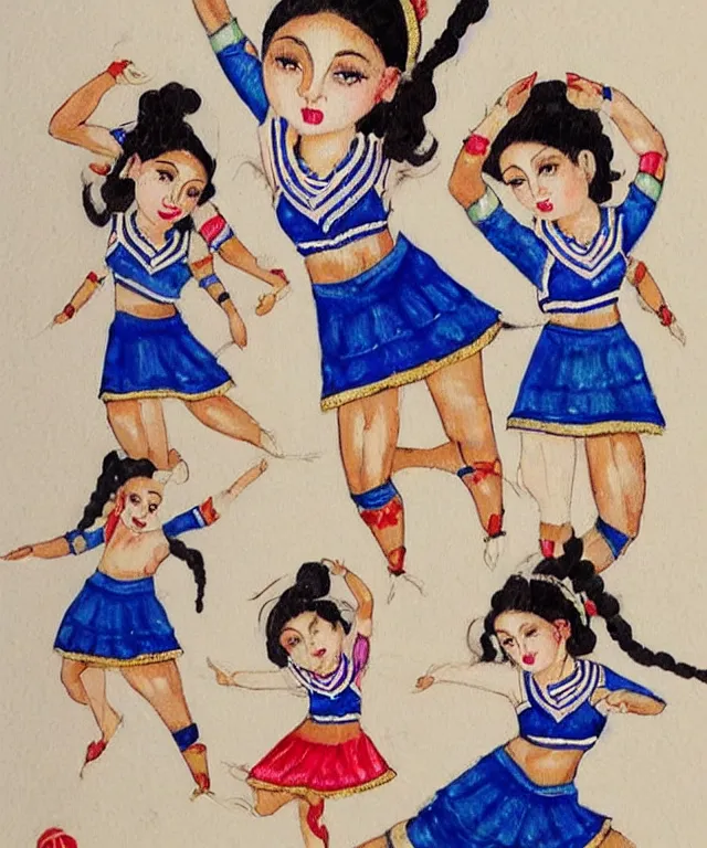 Image similar to a persian miniature painting, cute cheerleaders dancing, shorts, ultra sharp, extra details, ultra high quality, trending on pinteresst