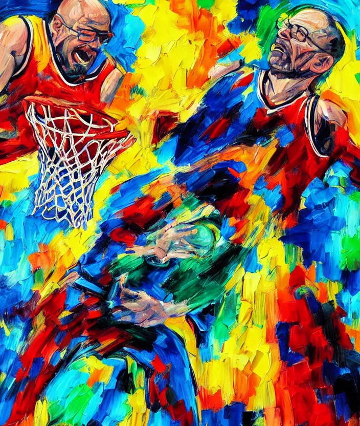 Prompt: ( ( ( expressionist painting of walter white dunking a basketball ) ) ), dynamic perspective, expressionist, colorful, detailed, many layered colores