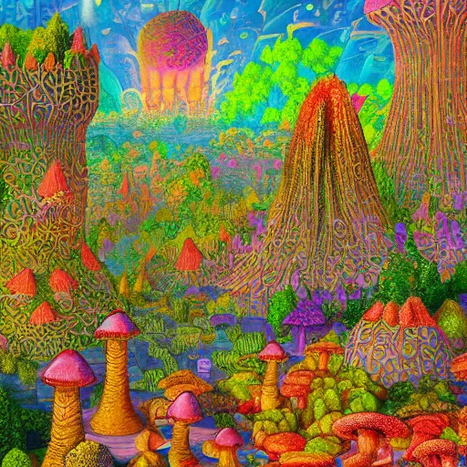 Image similar to city made of mushrooms and plant fauna, vivid color, 1 9 2 0 ’ s colored pencil, highly detailed, highly accurate, abstract art, deep aesthetic, 8 k, highly ornate intricate details, cinematic lighting, rich colors, ray tracing, hyperrealistic, photorealistic, cinematic landscape, trending on artstation,
