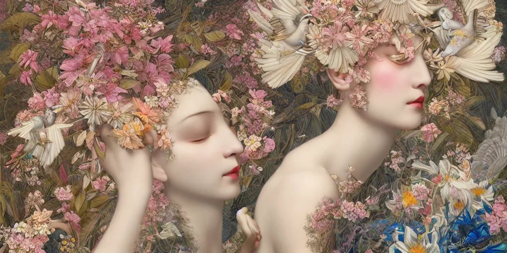 Prompt: breathtaking detailed concept art painting art deco pattern of blonde faces goddesses amalmation flowers and blend of flowers and birds, by hsiao - ron cheng and john james audubon, bizarre compositions, exquisite detail, extremely moody lighting, 8 k