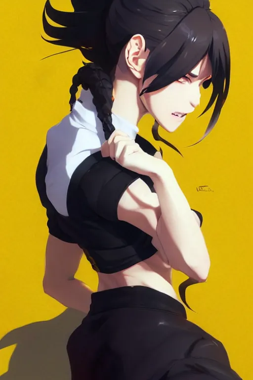 Image similar to black ponytail hair, pale woman in a black zipper jacket, yellow eyes, by artgerm, hair tied in a ponytail, white backdrop, soft lighting, fighting pose, dynamic angle, by greg rutkowski makoto shinkai takashi takeuchi