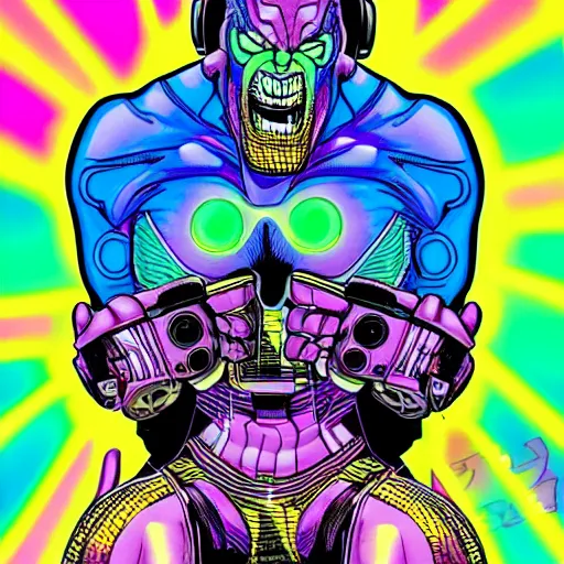 Image similar to artgerm, psychedelic laughing cybertronic thanos, rocking out, headphones dj rave, digital artwork, r. crumb, svg vector