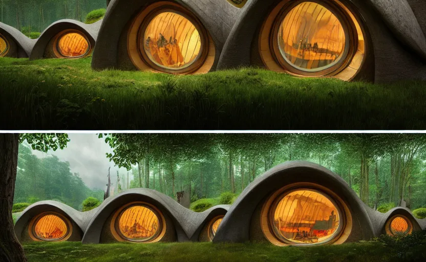 Image similar to exterior shot of hobbit houses at bag end shire in utopian architecture transparent building with cinematic lighting by zaha hadid and renzo piano, darek zabrocki and greg ruthkowski, alphonse mucha, simon stalenhag, cinematic, stars, beautiful, holy place, paradise, scifi, futurism, atmospheric, concept art, artstation