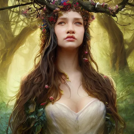 Image similar to A masterpiece portrait of a Incredibly beautiful queer druid girl . The Queen of the Forest.medium shot, intricate, elegant, highly detailed. trending on artstation, digital art, by Stanley Artgerm Lau, WLOP, Rossdraws, James Jean, Andrei Riabovitchev, Marc Simonetti, Yoshitaka Amano