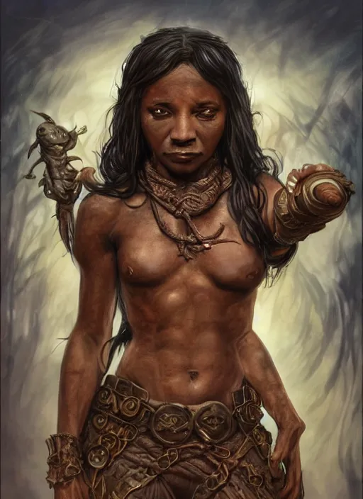 Image similar to halfling mage with dark skin and a rat-like face ,beautiful detailed eyes, dirty, fantasy, intricate, rough, highly detailed, digital painting, 4k, HDR, concept art, detailed book, smooth, sharp focus, upper body shot, illustration, art by Artgerm, H R Giger and Alphonse Mucha