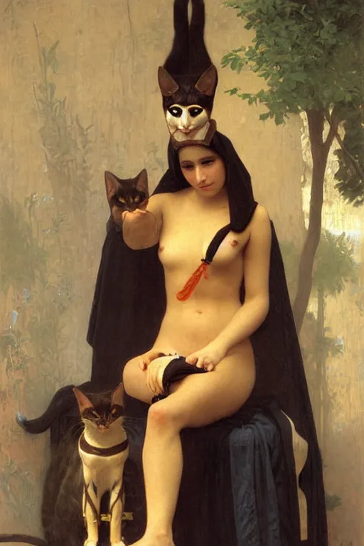 Image similar to bastet, egyptian cat goddess, painting by william adolphe bouguereau