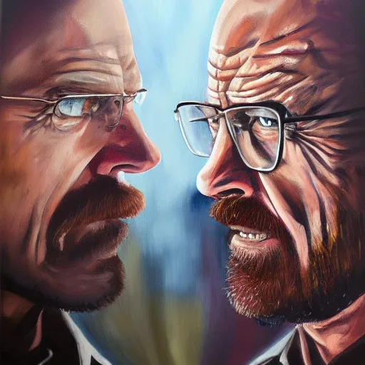 Prompt: walter white face to face with rick grimes, oil painting