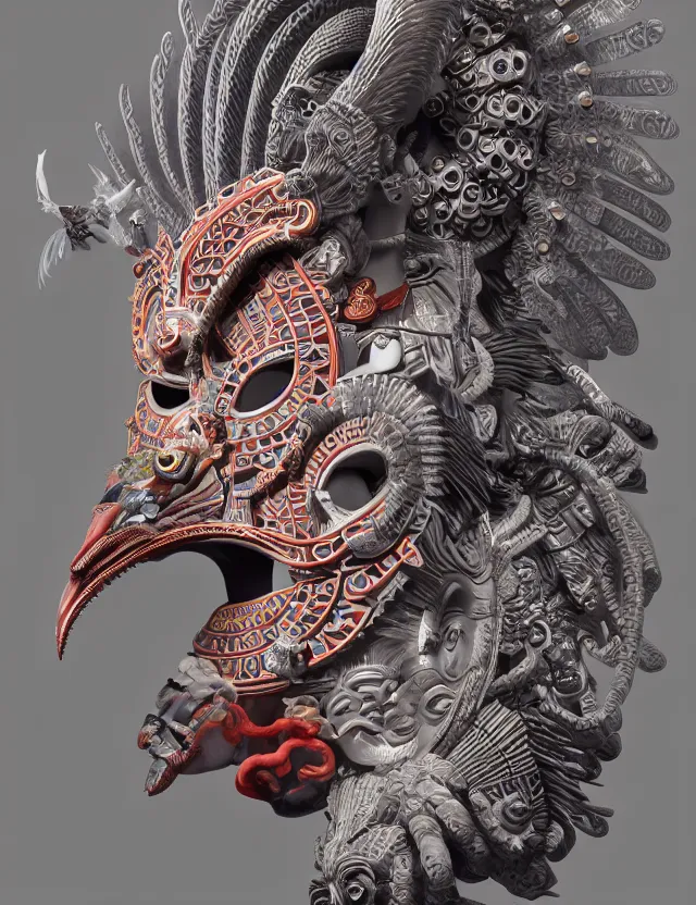 Image similar to 3 d goddess close - up profile portrait aztec with ram skull. beautiful intricately detailed japanese crow kitsune mask and clasical japanese kimono. betta fish, jellyfish phoenix, bio luminescent, plasma, ice, water, wind, creature, artwork by tooth wu and wlop and beeple and greg rutkowski