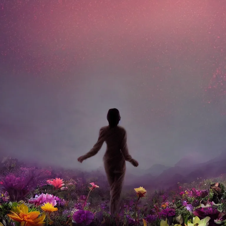 Image similar to a planet of various flowers, fungus and plants, in which the singular human figure is dressed in something magical and impressive, inside the picture is infinity, sunset light, Atmospheric phenomenon, artistic photography, muted colors, conceptual, long exposure outside the city, volumetric light