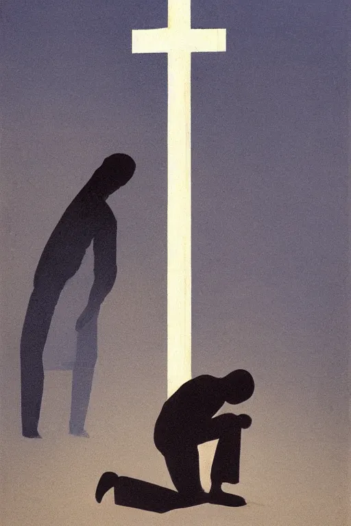 Prompt: man kneeling at the base of a wooden cross, 1960’s minimalist advertising illustration, painterly