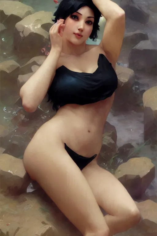 Image similar to nami, short blonde black hair, bikini, digital art from artstation by ruan jia and mandy jurgens and artgerm and william - adolphe bouguereau