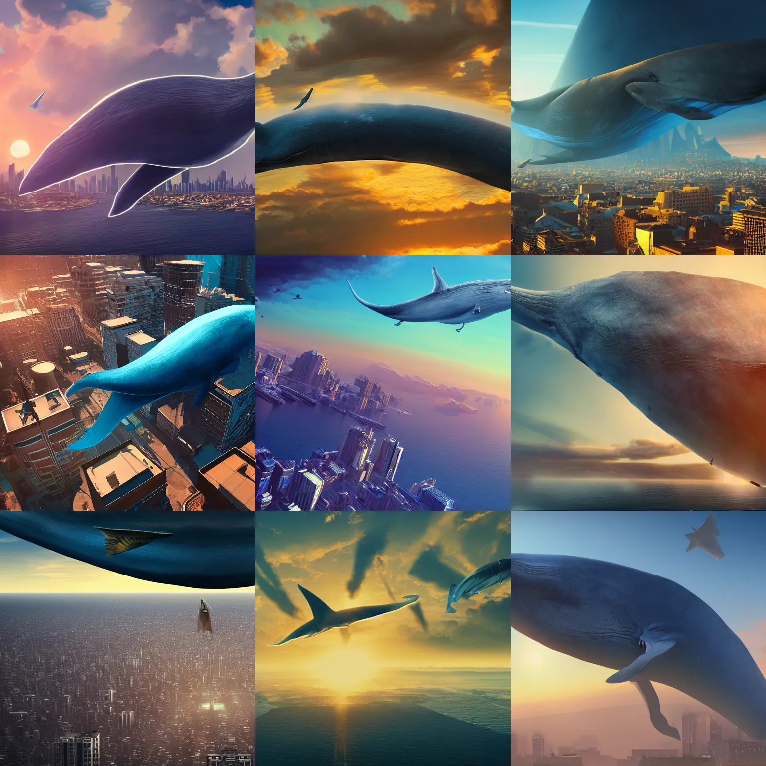 Prompt: a huge blue whale is flying above a city, epic, surreal, cinematic shot, golden hour, artstation, atmosphere, high definition