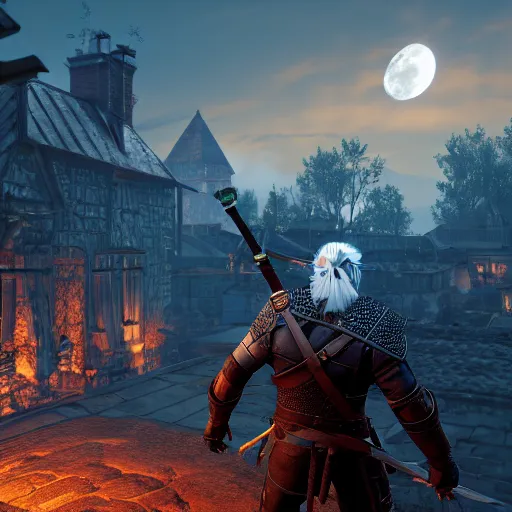Prompt: cut-scene footage of the witcher 3 geralt fighting a monster in the moonlight on a rooftop, cityscape, highly textured, wide angle, action shot, cinematic