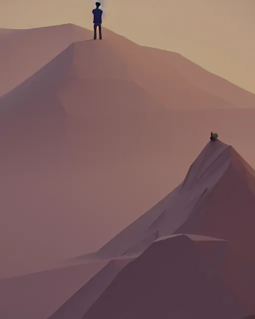 Image similar to a man standing in the middle of a mountain, a low poly render by filip hodas, behance contest winner, environmental art, rendered in cinema 4 d, volumetric lighting, low poly