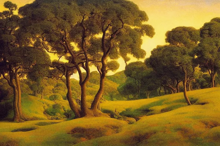 Image similar to masterpiece painting of oak trees on a hillside overlooking a creek, dramatic lighting, by elihu vedder