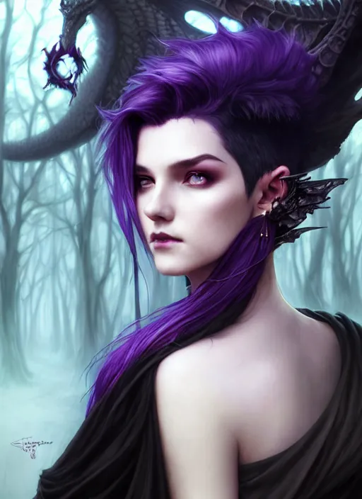 Image similar to side portrait dark witch, adventurer outfit large cloak, fantasy forest landscape, dragon scales, fantasy magic, undercut hairstyle, short purple black fade hair, dark light night, intricate, elegant, sharp focus, illustration, highly detailed, digital painting, concept art, matte, art by WLOP and Artgerm and Greg Rutkowski and Alphonse Mucha, masterpiece