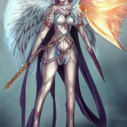 Image similar to epic anime concept art. Seraphim angel girl holding a giant holy halberd, wearing shining armor at sunrise. ArtStation, Pixiv