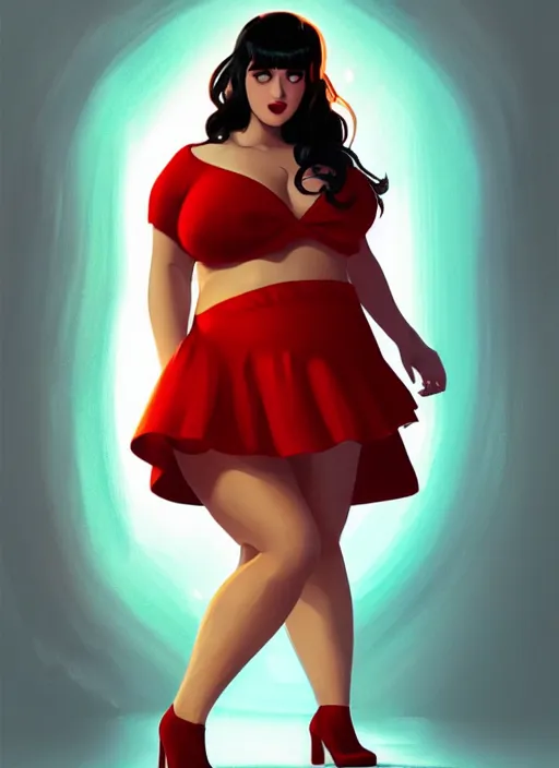 Image similar to full body portrait of teenage veronica lodge, obese, bangs, sultry, realistic, sultry smirk, wavy hair, red skirt, fat, belly, intricate, elegant, glowing lights, highly detailed, digital painting, artstation, concept art, smooth, sharp focus, illustration, art by wlop, mars ravelo and greg rutkowski