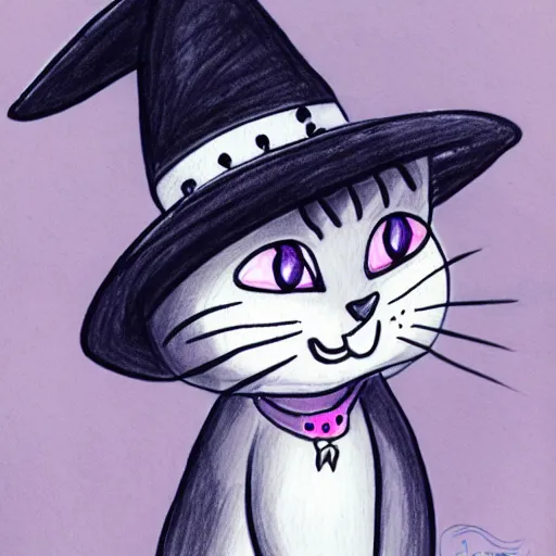 Image similar to drawing of a cat using witch hat. cartoon. cute. anime style.