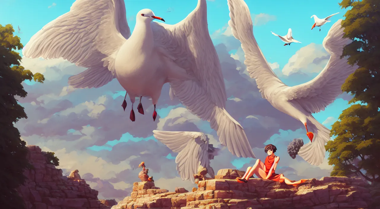 Image similar to painting of antic sitting seagull statue and hill valley Nordic temple of olympus glory hogweed plant grow flower ,in marble incrusted of legends heartstone official fanart behance hd by Jesper Ejsing, by RHADS, Makoto Shinkai and Lois van baarle, ilya kuvshinov, rossdraws global illumination