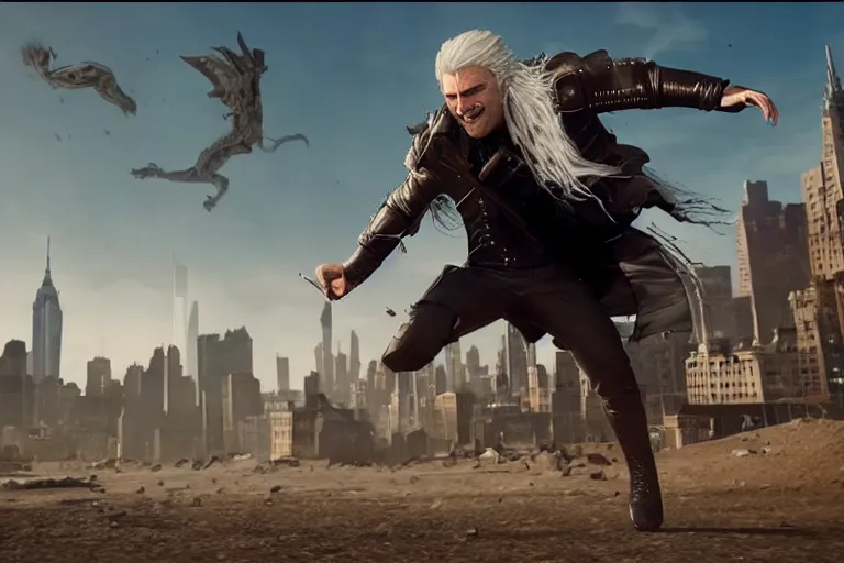 Image similar to vfx movie closeup modern suave handsome grinning vampire with long white hair, trench coat, dual wielding large revolvers, leaping into the air, low gravity in a shattered reality of new york city, cool aviators witcher show and game of thrones in new york by emmanuel lubezki