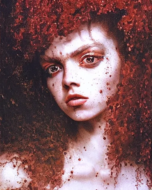 Prompt: a beautiful and eerie baroque painting of a gorgeous young woman bleeding in dead space. She has wild, curly hair, freckles and violence in her eyes photographed in the 1970s