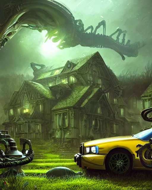 Image similar to xenomorph taxi car in a fantasy village, calming, uplifting mood, ultra realistic, farm, small buildings, highly detailed, atmosphere, masterpiece, epic lighting, elves, green plants, magic, illuminated, 4 k, cinematic, morning sun, art by eddie mendoza and sylvain sarrailh and jonathan berube