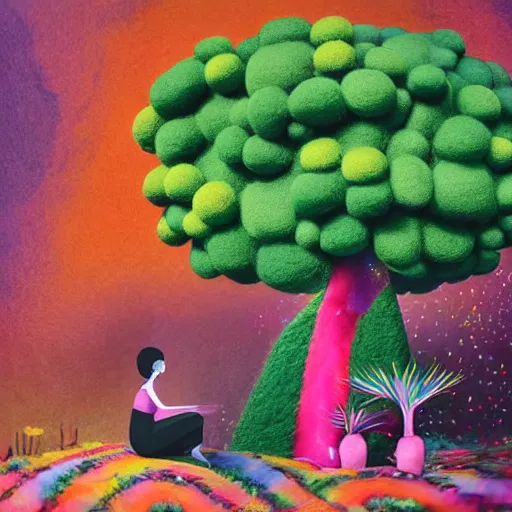 Image similar to a black girl with a colorful afro and big beautiful eyes meditating in an african zen garden with a waterfall!! and a baobab tree, bokeh!, bright colors, synthwave, watercolor, volumetric wool felting, felt, macro photography, children illustration, by goro fujita