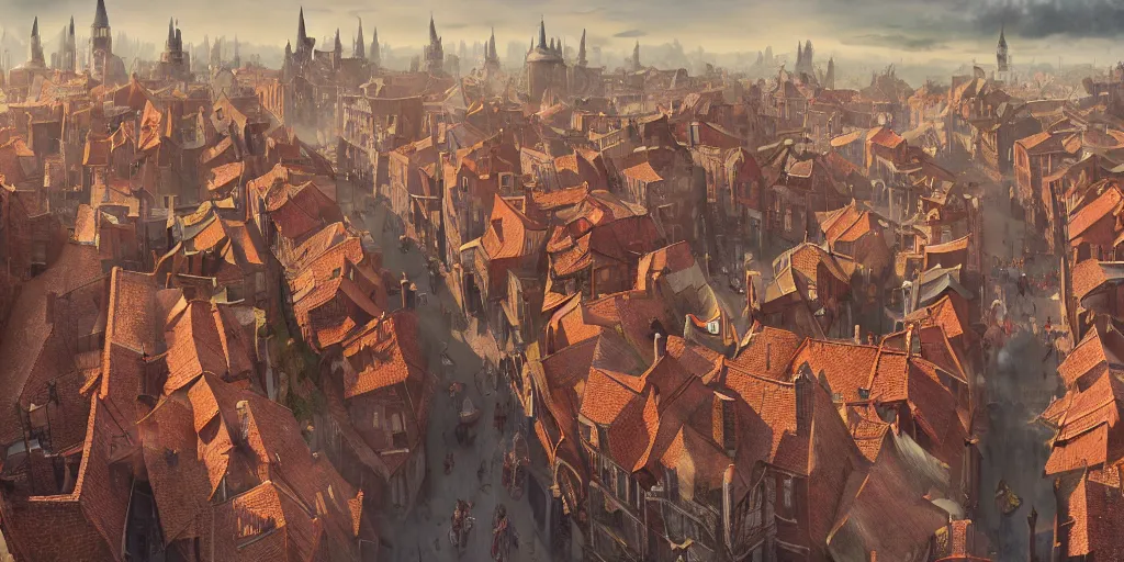 Image similar to Matte painting of a fantasy town with narrow streets, red brick rooves with chimneys and smoke, aerial perspective colorful marketplace