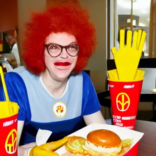 Prompt: ronald mcdonald eating at wendy's