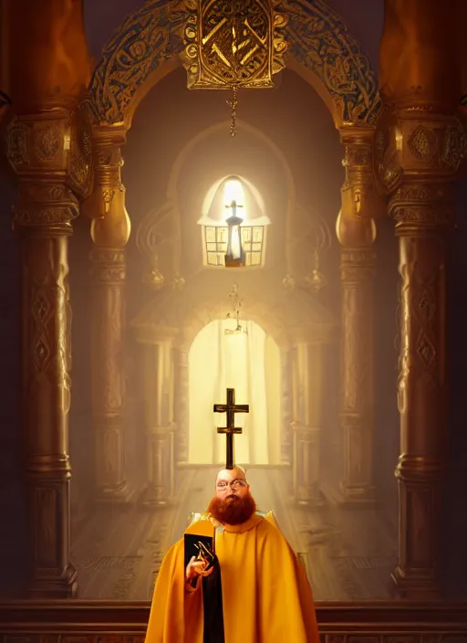 Image similar to cute fluffy anthropomorphic caracal as orthodox priest in golden clothes, caracal head, wearing vr, in orthodox church at background, dynamic lighting, darkness, atmospheric, surrealistic, ambients, dramatic, blurry bokeh cinematic, depth of field, art by bussiere rutkowski andreas rocha