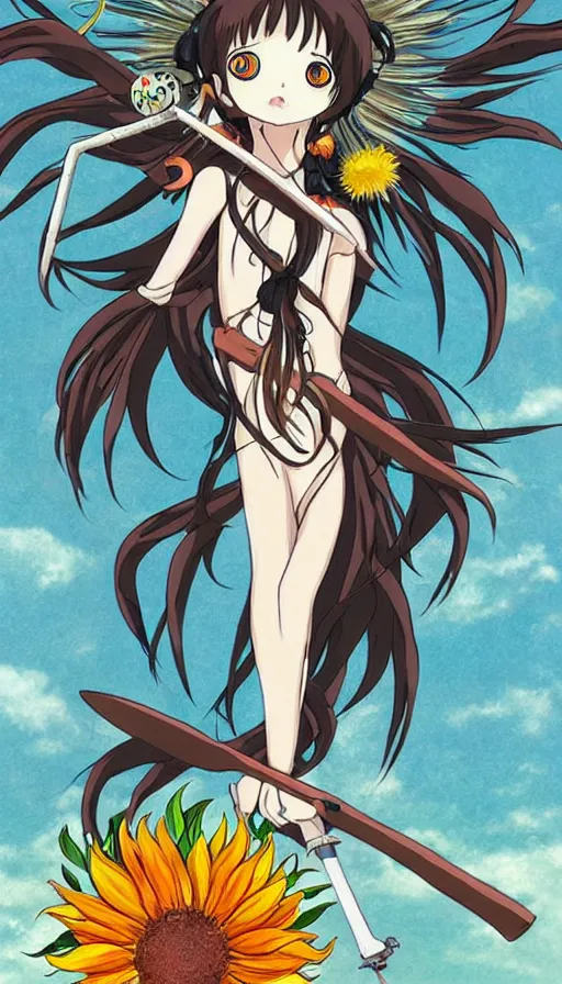 Image similar to the being death as a cute anime girl with a giant cute sun flower scythe from a studio ghibli film inspired by the death tarot card