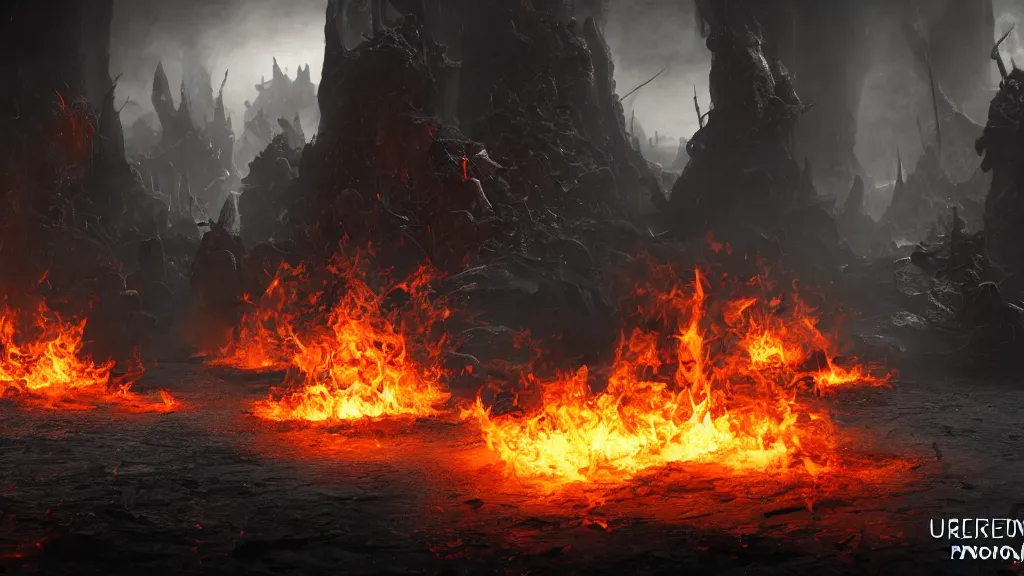 Prompt: underworld and inferno comes alive photorealistic, fire, particles, concept art, 8K, concept art, DSLR, filmic, HDR, Unreal Engine, volumetric lighting, Dark art