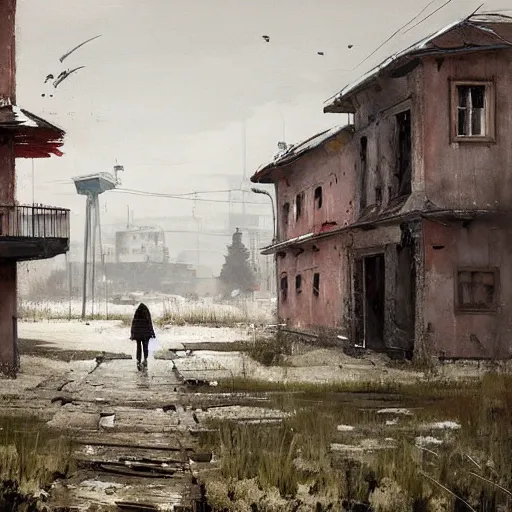 Image similar to painting of a abandoned post soviet town by jakub rozalski