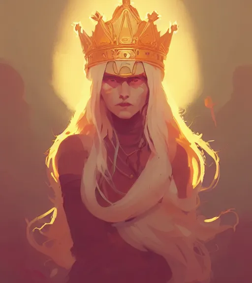 Image similar to portrait of beautiful warrior with golden hair, sun, crown, by atey ghailan, by greg rutkowski, by greg tocchini, by james gilleard, by joe fenton, by kaethe butcher, dynamic lighting, gradient light blue, brown, blonde cream and white color scheme, grunge aesthetic