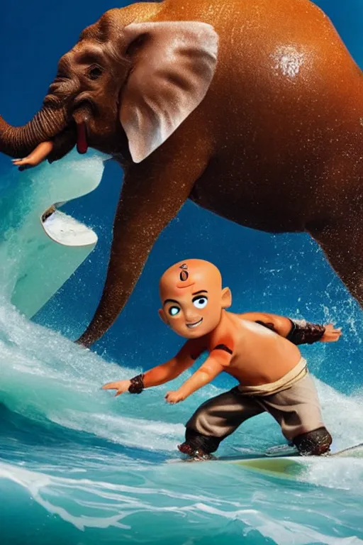 Prompt: close up still shot of young aang surfing on an elephant koi fish, from the live action movie the last airbender, 3 5 mm, highly detailed, dynamic lighting