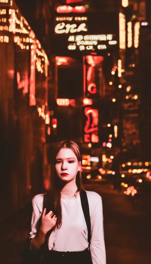 Image similar to portrait of young woman lowlight neon, cinematic,4k,35mm,street photo, epic