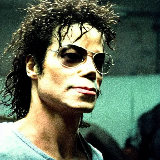 Image similar to michael jackson as tylor durden in the movie fight club, photo, still frame, cinematic.