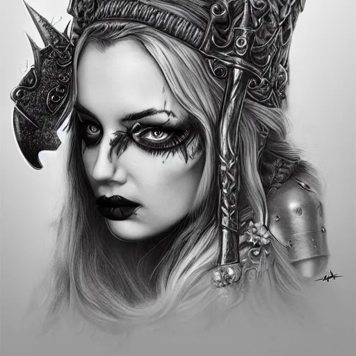 Image similar to hyper realistic pencil drawing of a goth viking princess, detailed, rim light, diffused, intricate, axe, by anna dittmann