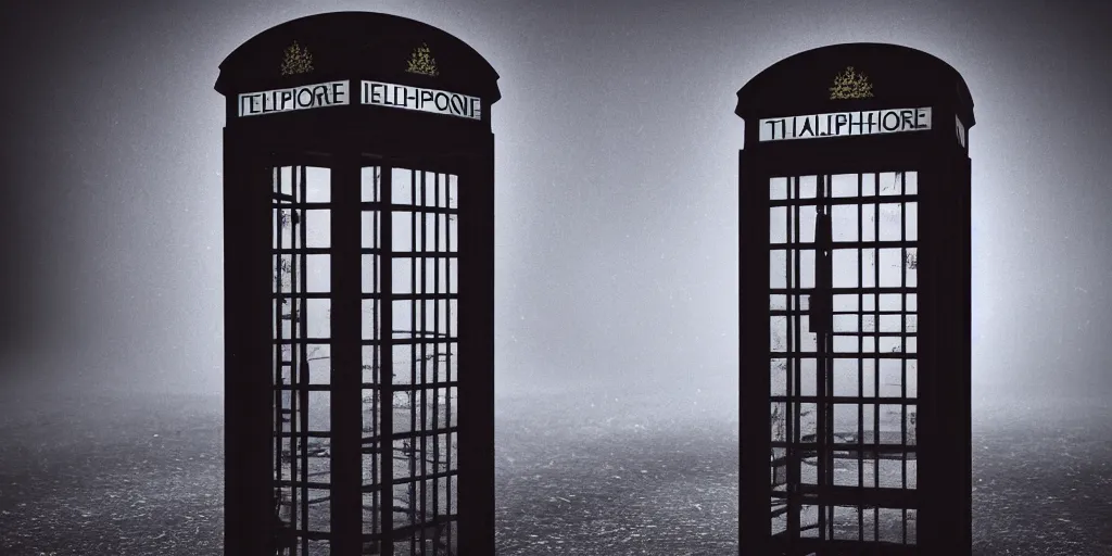 Image similar to a deserted telephone booth in the dark of the night, weird, haunted, misty, dark and evil, demonic, sinister, ambient lighting, 8 k render, hyper realistic, photo realistic, by wes anderson