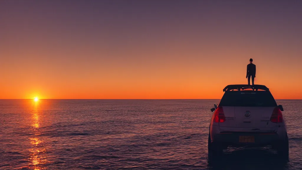 Prompt: a movie still of a man standing on the roof of a car driving through the ocean at sunset, golden hour