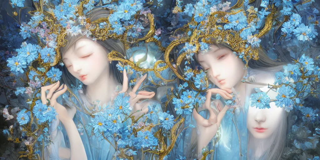 Image similar to breathtaking detailed concept art painting of in love goddesses of light blue flowers, orthodox saint, with anxious, piercing eyes, ornate background, amalgamation of leaves and flowers, by Hsiao-Ron Cheng, James jean, Miho Hirano, Hayao Miyazaki, extremely moody lighting, 8K