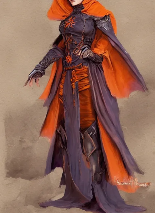 Prompt: dark orange cloak female priest, ultra detailed fantasy, dndbeyond, bright, colourful, concept sheet, realistic, dnd character portrait, full body, pathfinder, pinterest, art by ralph horsley, dnd, rpg, lotr game design fanart by concept art, behance hd, artstation, deviantart, hdr render in unreal engine 5