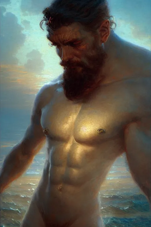 Prompt: god of ocean, male character design, painting by gaston bussiere, craig mullins, greg rutkowski, tom of finland, trending on artstation