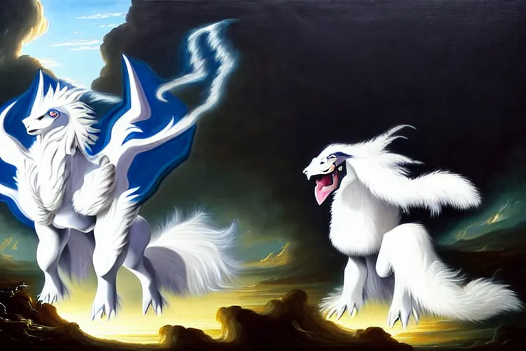 Image similar to a dramatic and detailed oil painting of absol from pokemon and a natural disaster by thomas cole and ken sugimori | absol has white fur, spurs, a sheep's face, each of it's four limbs ends in large paws with three clawed talons, the floof of a white silkie chicken shaped like a sleek edgy wolf