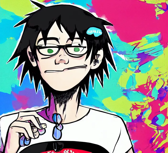 Image similar to a digital drawing of young neil cicierega in a kawaii emo / scene the gorillaz style, with text that says lemon demon trending on pixiv, trending on deviantart